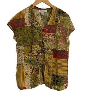 Citron Patchwork Silk Blend Blouse Women’s Size Medium Asian Inspired Boho
